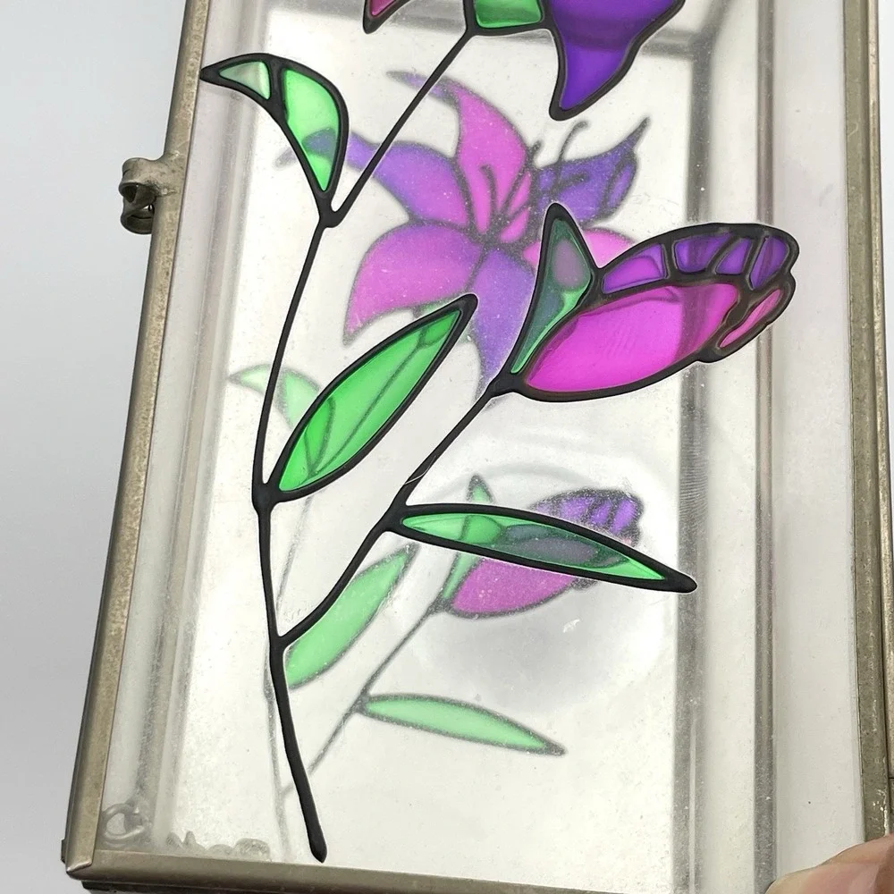 Vintage Taiwan Stained Glass Jewelry Trinket Box Frosted Glass Purple Lily
